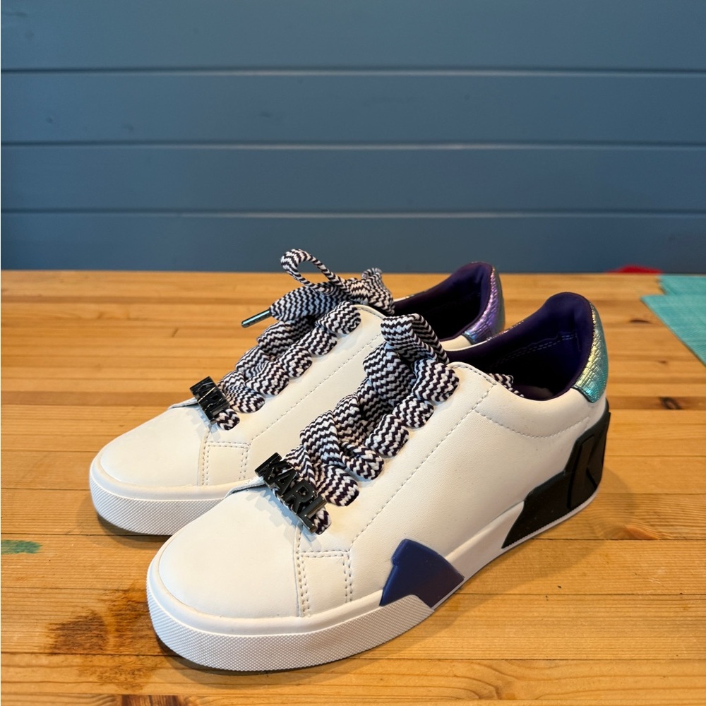 Karl Lagerfeld White Sneakers with Iridescent Heel and Purple Lining